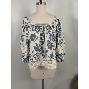 Christian Siriano Large Boxy Floral Linen Crochet Boho Gypsy Hippy Vacation Top